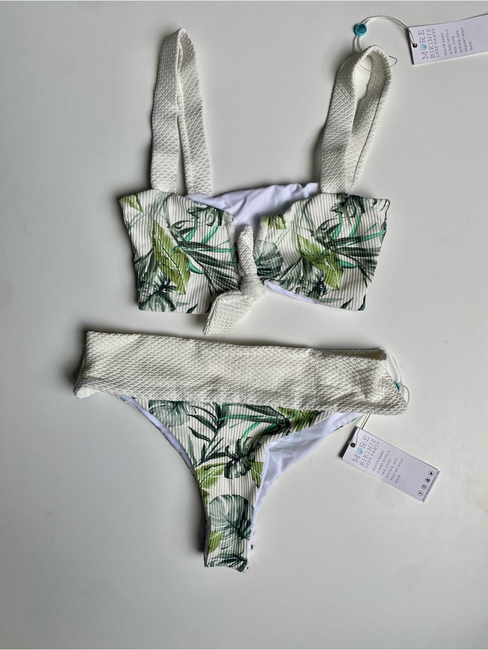 Beach Babe - White & Green Tropical Print Tie-Front Bikini (M)